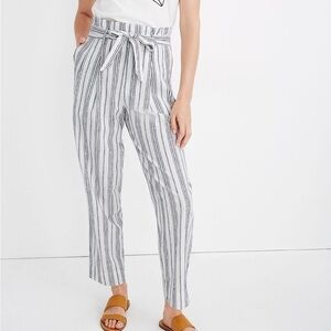 MADEWELL Linen Cotton Paperbag Pants in Dark Baltic Stripe Trouser Sz 16 NEW